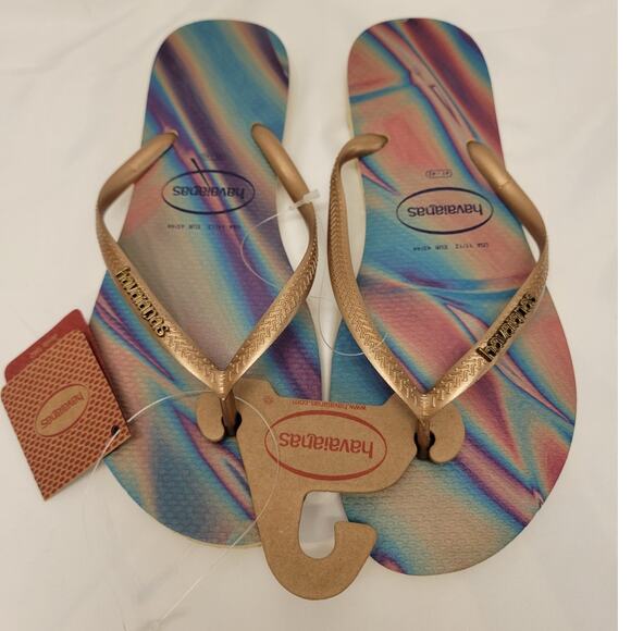 NWT Women's Havianas Flip Flop Sand Gray Slim Iridescent Gold 11 - Picture 1 of 4
